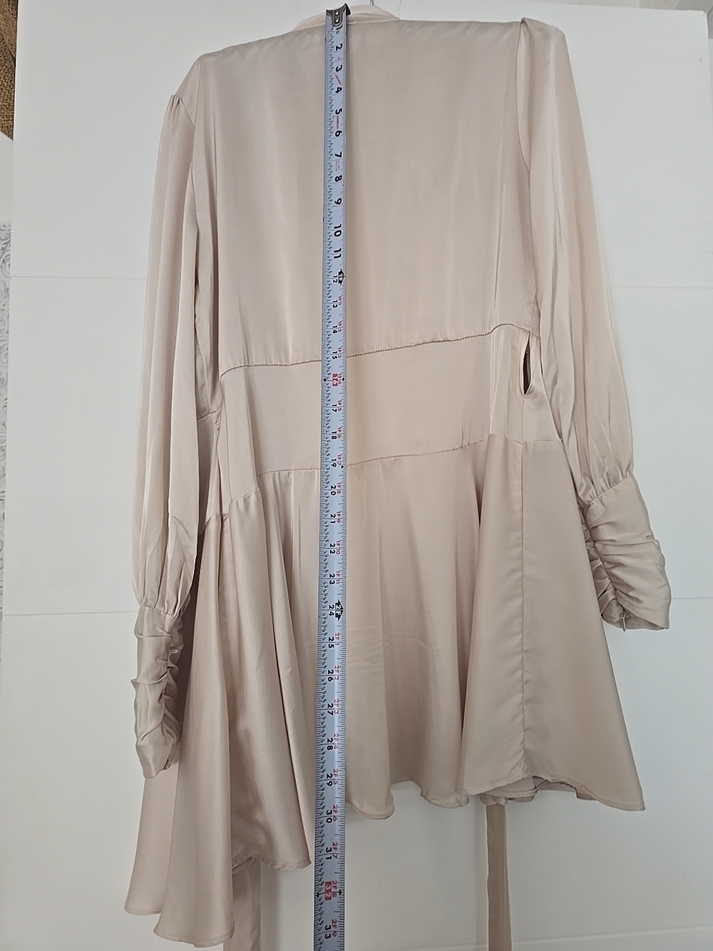 C.I.E.N. Champagne Satin Faux Wrap Mini Dress Size M Long Ruched Sleeve V-Neck - Picture 13 of 16